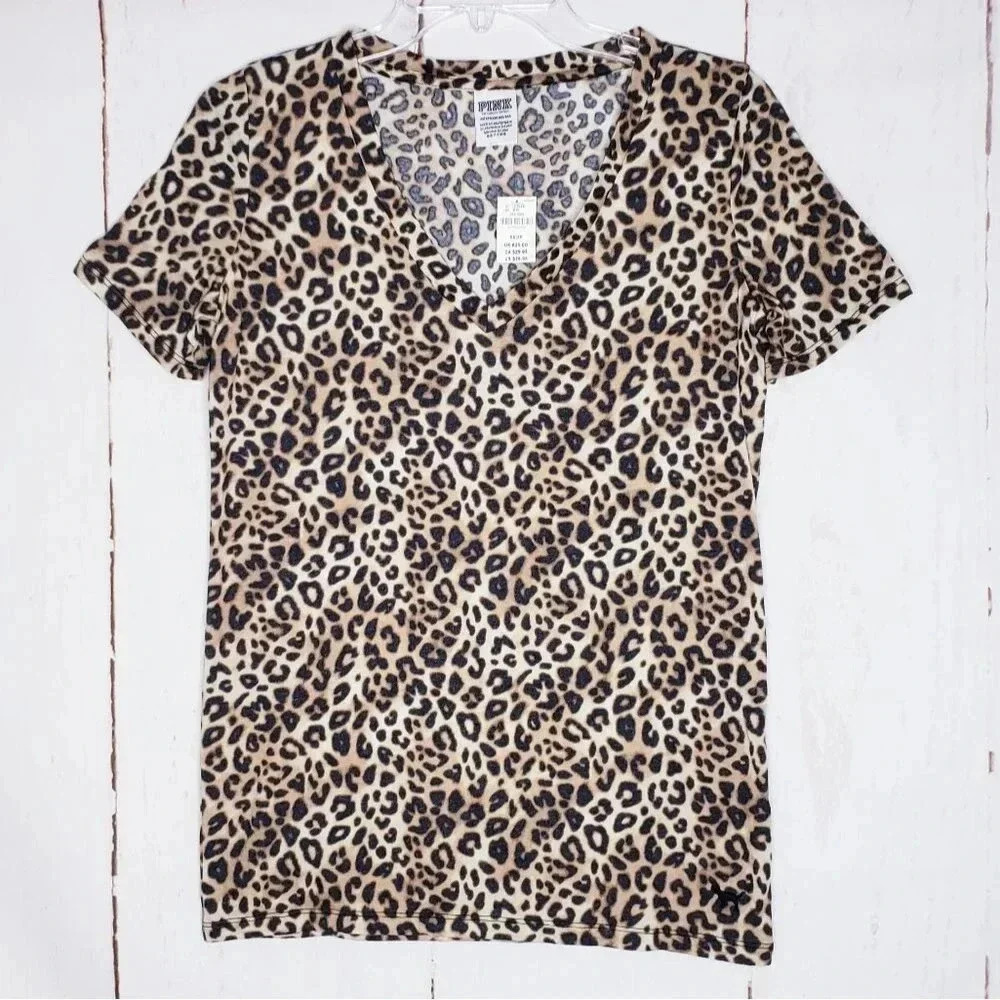 Pink Victoria's Secret Shirt V-neck Tee Size XS Cheetah Print Brown Black SL